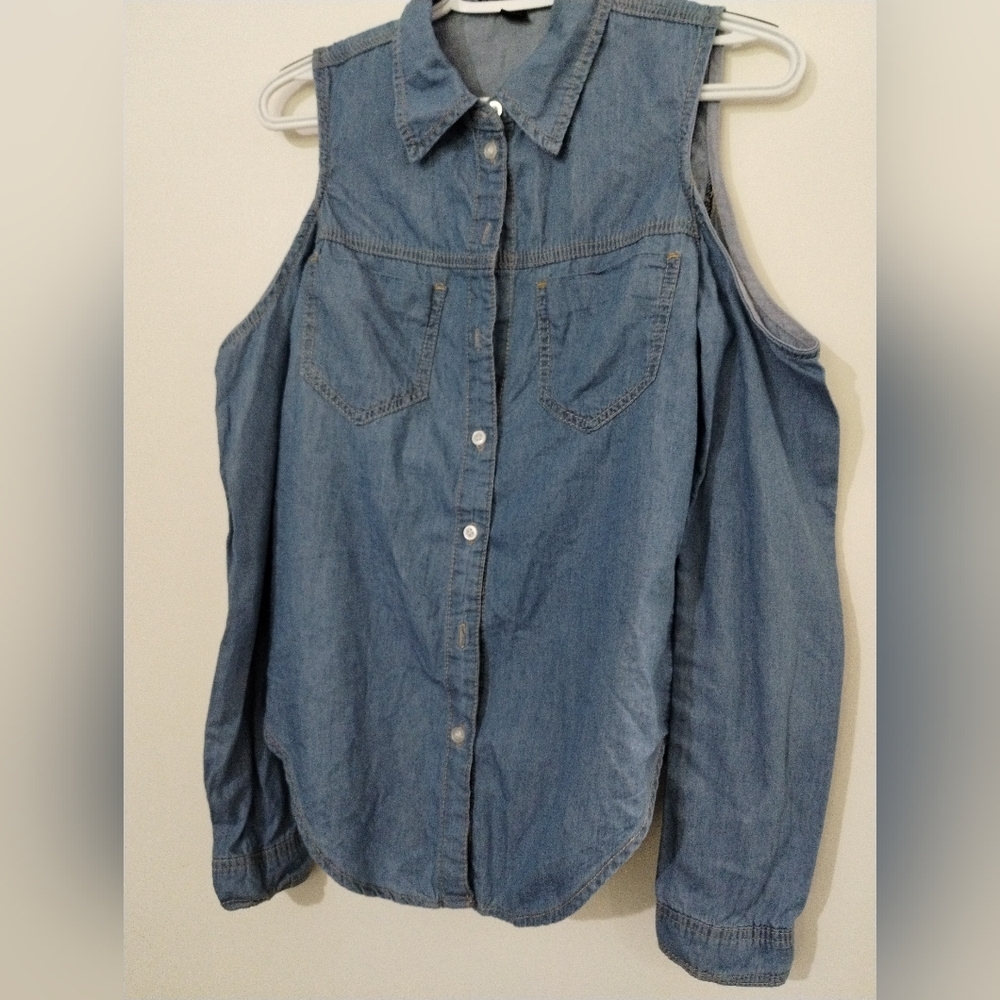 Forever 21 Blue Cold Shoulder Denim Top
